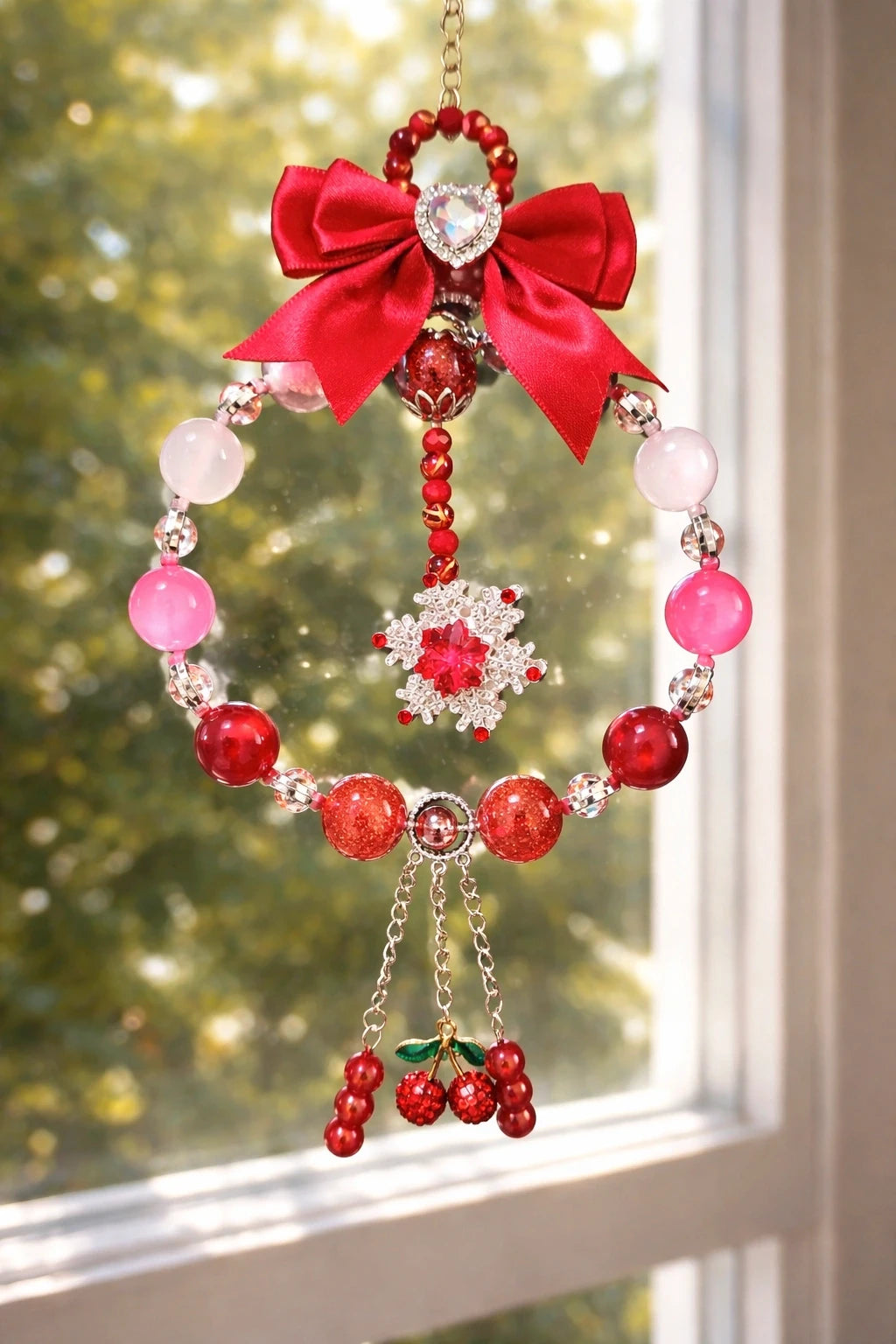 Red Suncatcher with Rhinestone Heart Bow